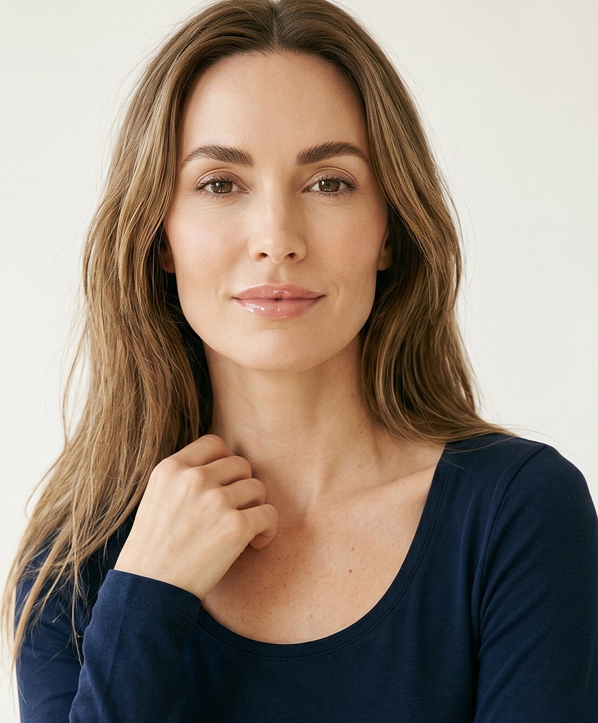 Woman with long hair in navy top.