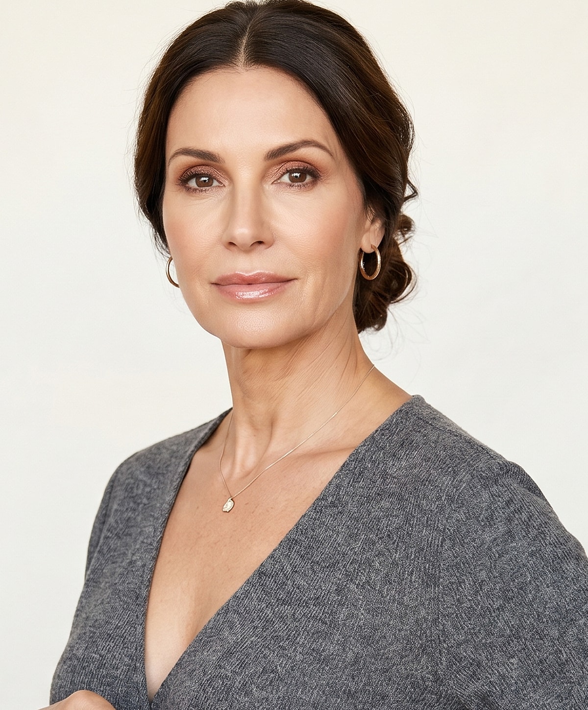 Woman with natural makeup and dark hair.