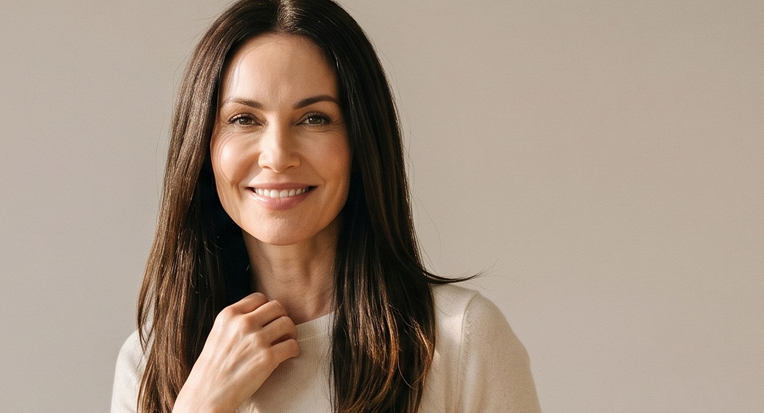 Woman smiling with long hair in neutral lighting.