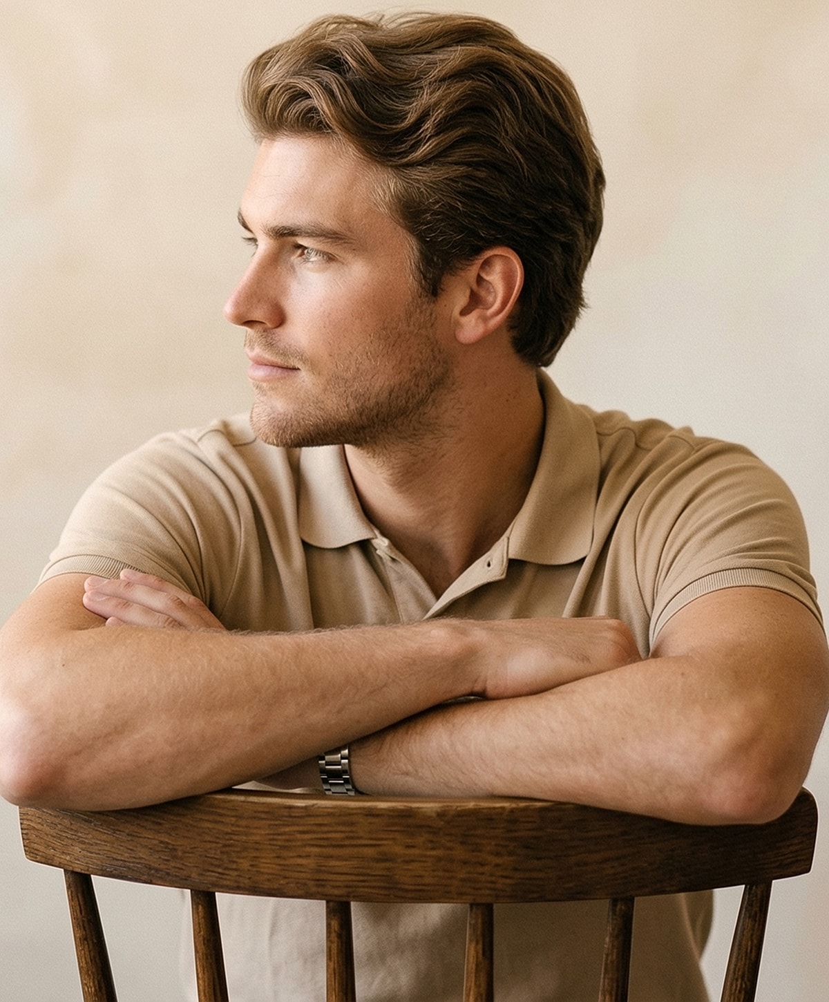 Man sitting on chair, profile view, thoughtful expression.
