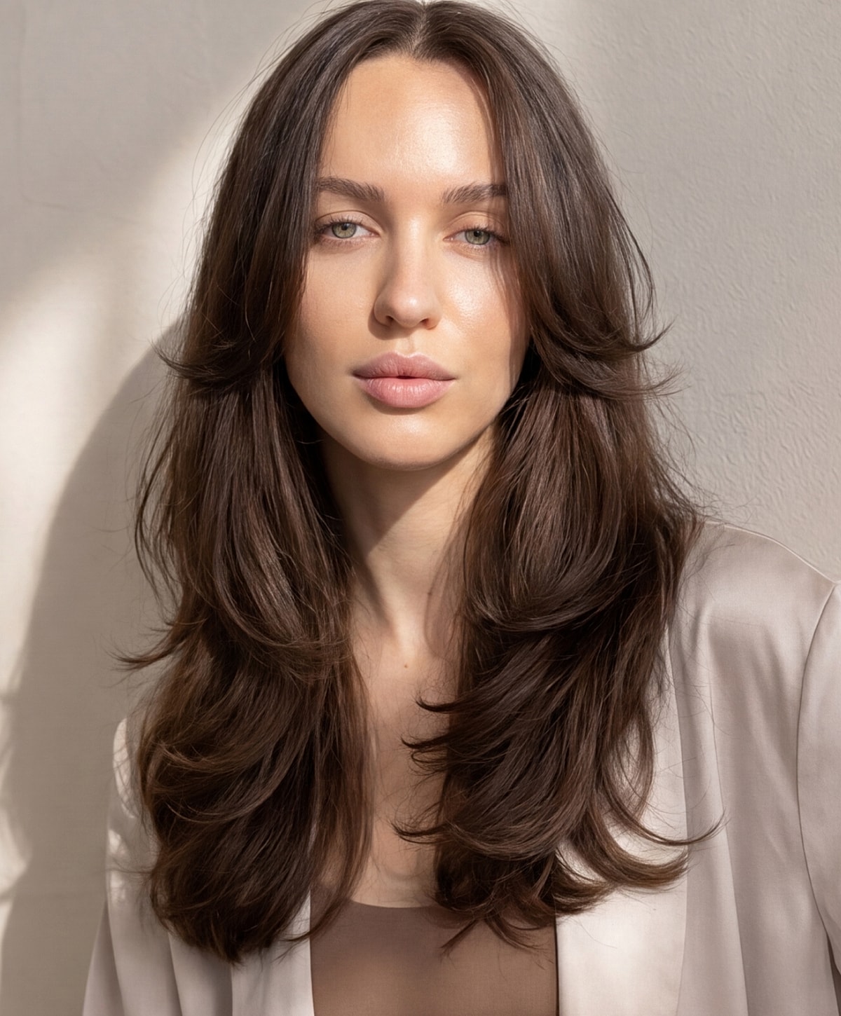 Woman with long hair in soft lighting.