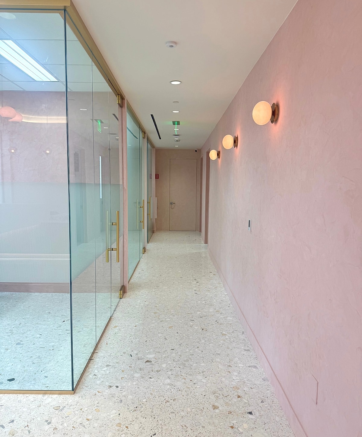 Modern hallway with pink walls and glass doors.