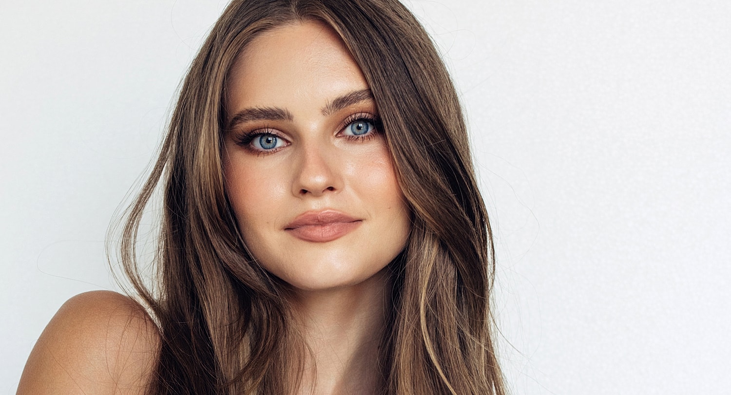 Woman with long hair and blue eyes.