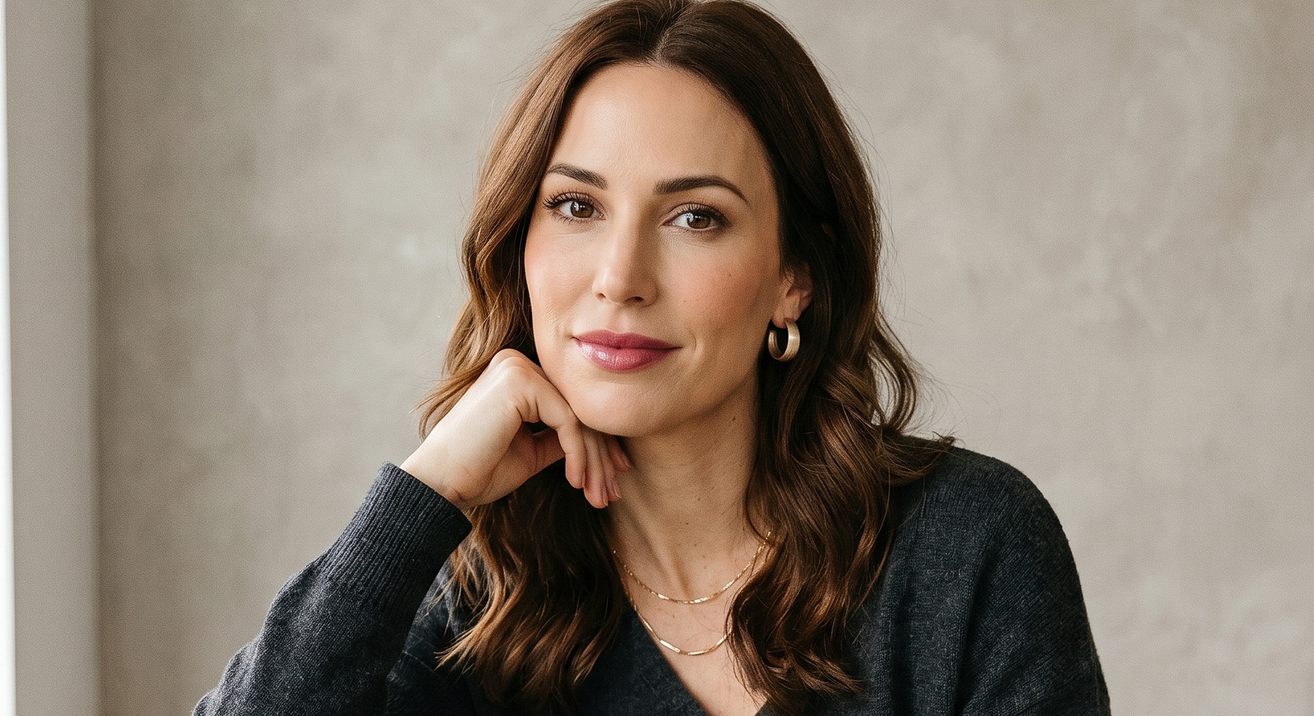 Woman with long hair and elegant jewelry.