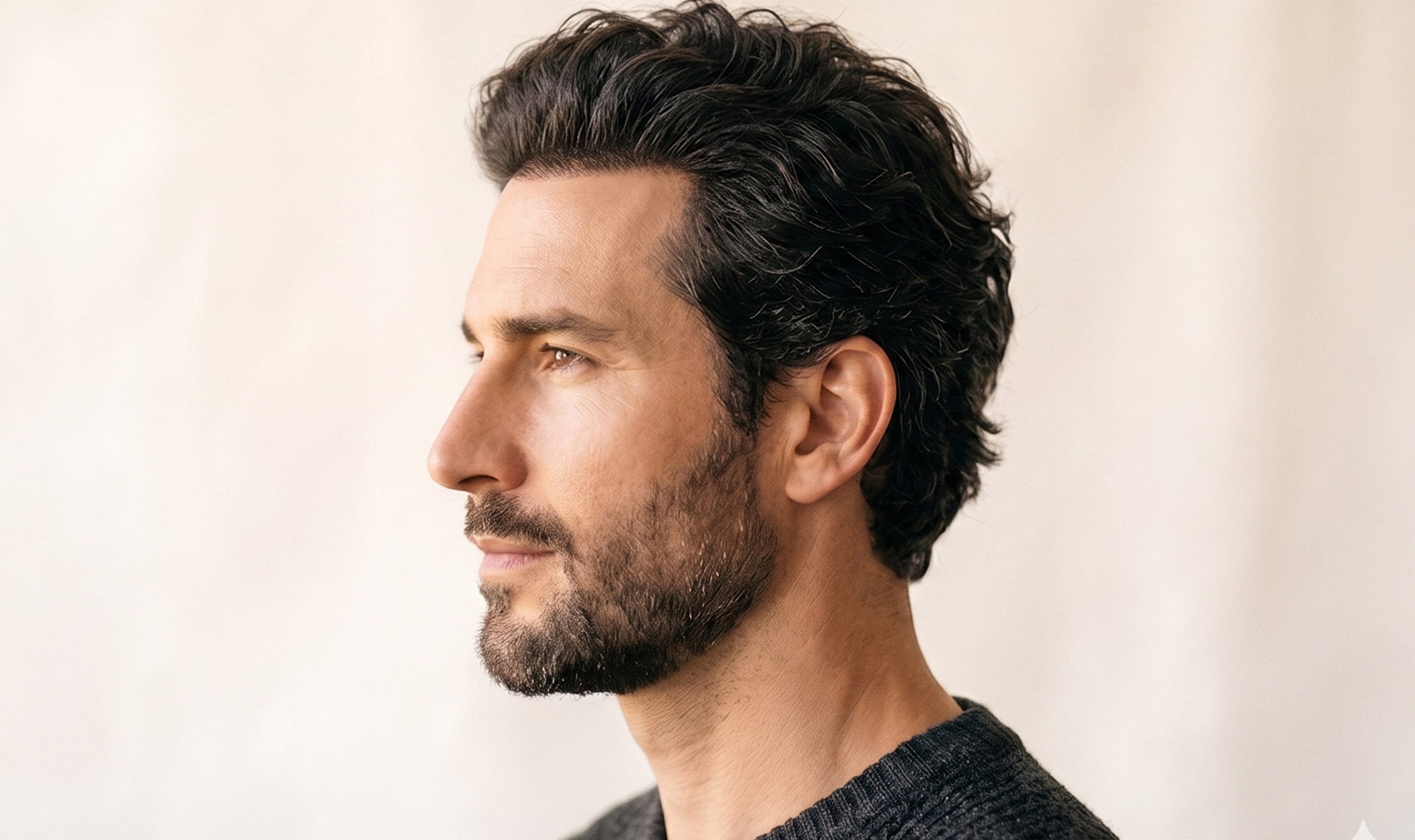Man with curly hair and beard profile against backdrop.